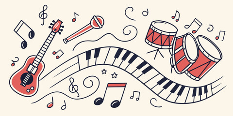 A vibrant illustration of musical instruments and notes in a playful and artistic design © arshad