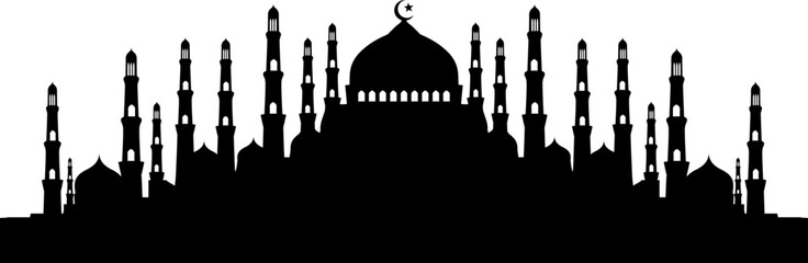 Islamic Mosque Silhouette Flat Design with Crescent Moon