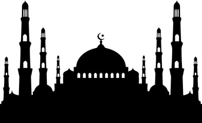 Islamic Mosque Silhouette Flat Design with Crescent Moon