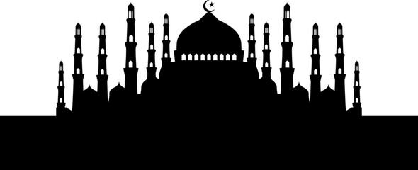 Islamic Mosque Silhouette Flat Design with Crescent Moon