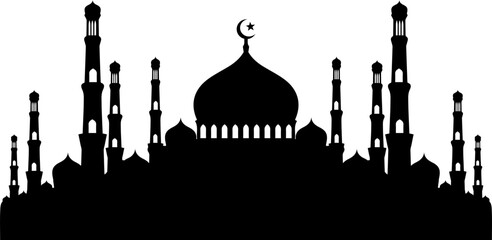 Islamic Mosque Silhouette Flat Design with Crescent Moon