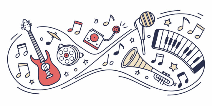 A whimsical illustration of musical instruments and notes floating in a dreamy landscape
