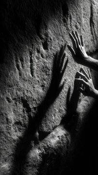 Faint human-like hands cast elongated shadows across rough stone walls, shaping arcane symbols