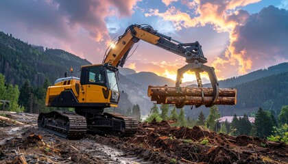 Heavy machinery excavator lifting logs on a forest hill at sunset with mountains in the background