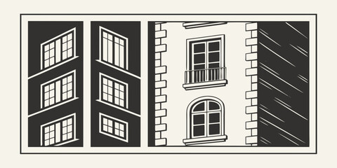 A striking black and white illustration of a building facade with windows and architectural details © arshad