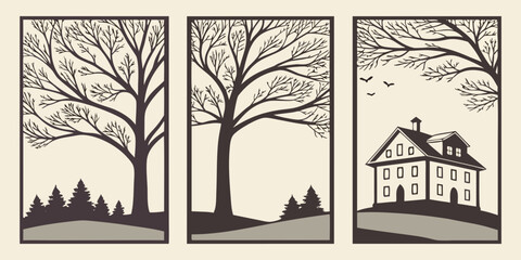 Three distinct scenes of nature and architecture in a minimalist black and white design.