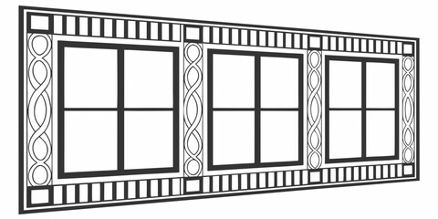 A set of three tall, narrow windows with intricate designs and decorative elements.