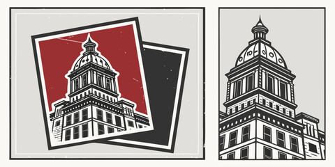 Two vintage postage stamps featuring a prominent building and a clock tower