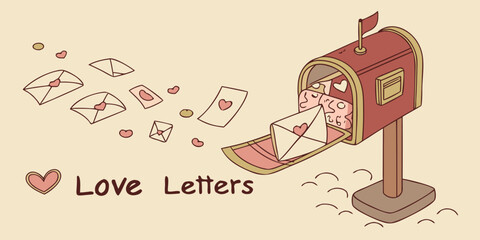 A vintage red mailbox overflowing with love letters and envelopes scattered around it.