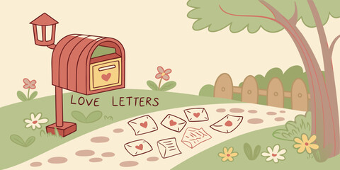 A whimsical illustration of a mailbox surrounded by scattered letters and a tree