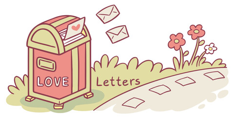 A vintage red mailbox with letters flying out and flowers in the background