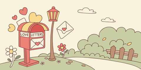 A whimsical scene of a red mailbox standing tall amidst a vibrant garden