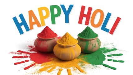 Vibrant Holi celebration with colorful powders in clay pots