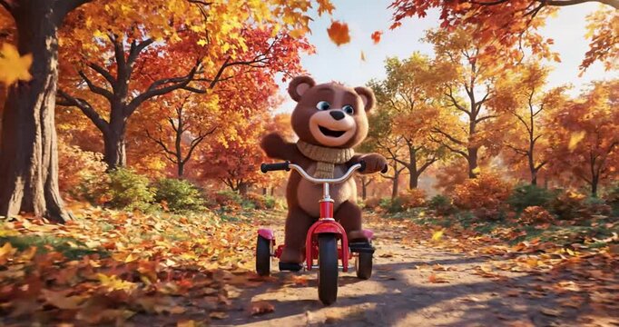 A cheerful bear riding a tricycle through a vibrant autumn forest, surrounded by falling leaves