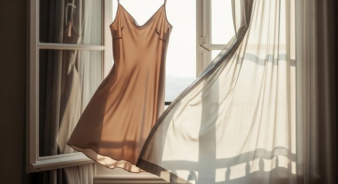 A delicate, light brown silk slip dress ds elegantly from a window, caught by a gentle breeze that billows sheer curtains.