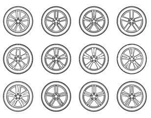 Fototapeta premium Twelve car wheels arranged in rows, varying in spoke number and design, all in black and white line art