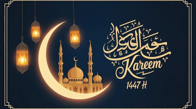 Islamic Kareem Greeting with Crescent Moon and Mosque Silhouette.