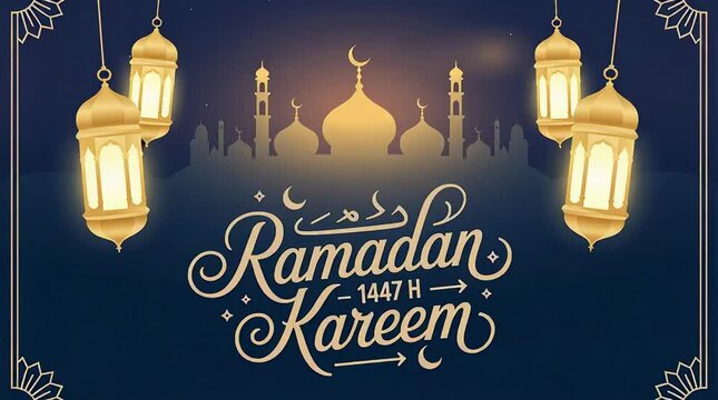 Ramadan Kareem greeting card with mosque and lanterns.