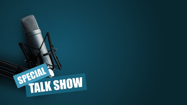 Podcast episode featuring a special talk show with a microphone setup in a studio