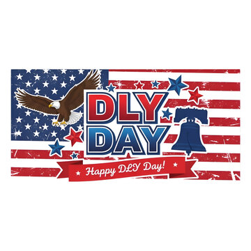 American flag themed banner with eagle and Liberty Bell, Happy DLY Day text isolated PNG with Transparent Background