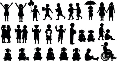 Set of diverse children silhouettes vector illustration featuring boys and girls playing, walking, sitting, and in wheelchair. © BIPUL