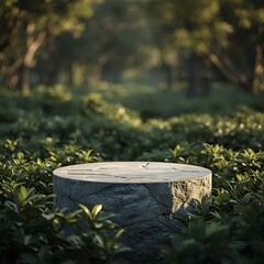 Fototapeta premium Natural Empty Stone Podium in Lush Greenery with Soft Sunlight 