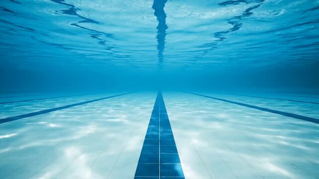 Underwater view of a swimming pool with lane lines and sunlight reflections.