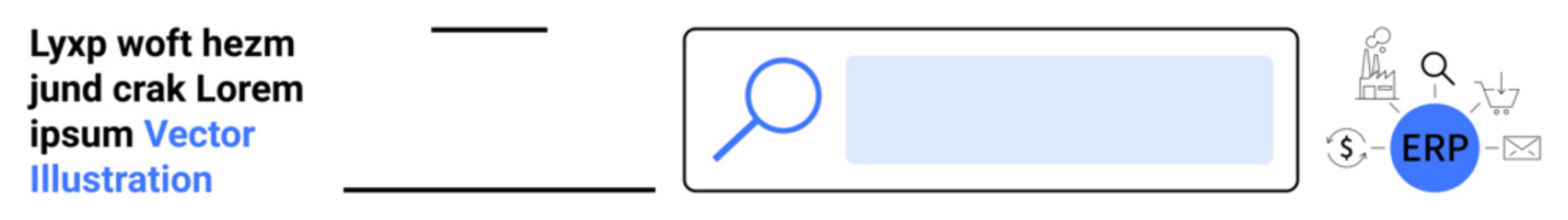 Obraz premium Digital search, enterprise software, resource planning, data management, internet search, business tools. Search bar with magnifying glass and ERP blue icon. Digital search and enterprise software