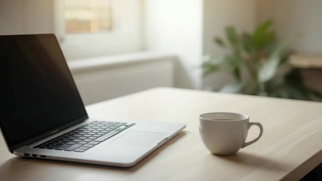 Minimalist laptop and coffee cup workspace wooden table desk with soft morning light cozy
