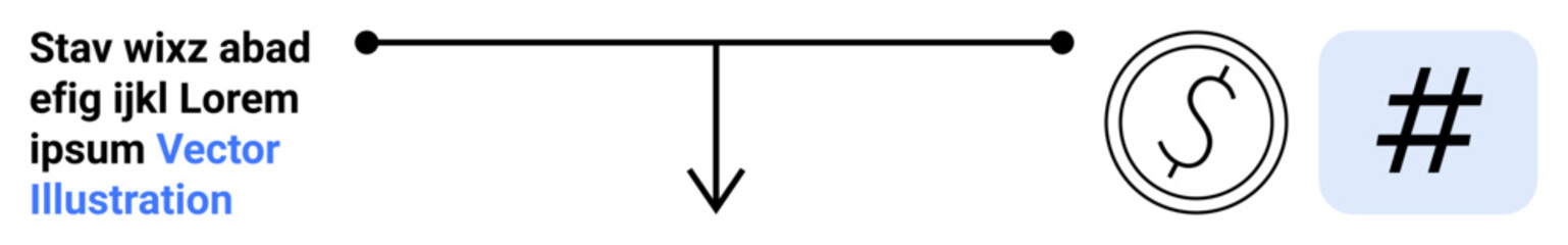 Fototapeta premium Text line with a horizontal bar, downward arrow, currency circle, and metadata tag graphic. Ideal for finance, social media, economy, digital communication, technology data flow simple landing page