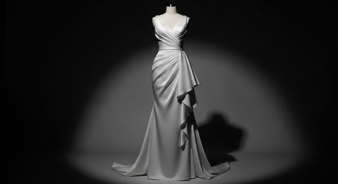 Elegant white satin evening gown with dramatic dd detailing and a flowing train, showcased on a mannequin against a dark, moody background with splantlighting.