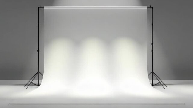 White seamless backdrop studio setup with overhead lighting creating soft highlights and minimalist