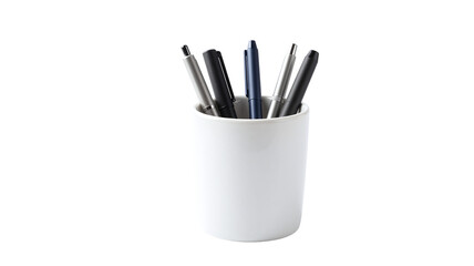 Fototapeta premium White pen holder filled with assorted pens isolated on a clean white background for office or school use