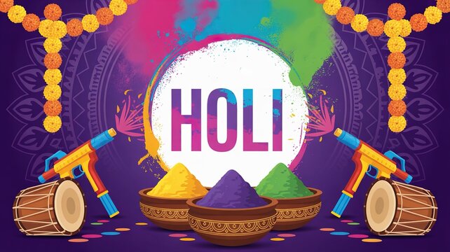 Vibrant Holi festival celebration with colorful powders and drums