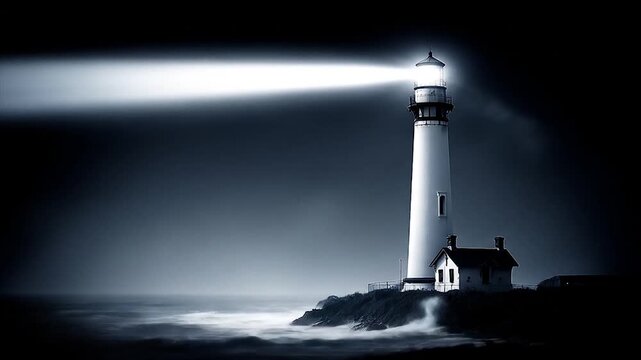 Coastal lighthouse illuminated at night guiding beam of light nautical concept