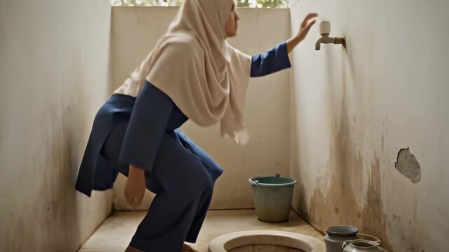 Woman in hijab using squat toilet in a simple bathroom video sequence.