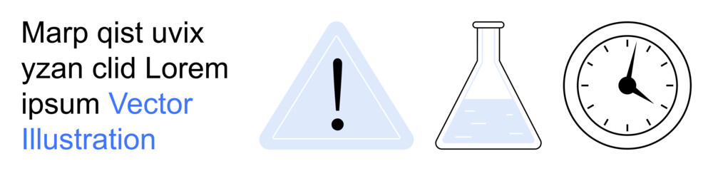 Safety, science, experimentation, laboratory processes, time management, research symbols. A warning triangle, Erlenmeyer flask and an analog clock . Science and safety warnings