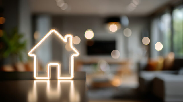 Home house light icon modern interior blur bokeh glowing home light icon modern interior blur bokeh background create warm cozy atmosphere