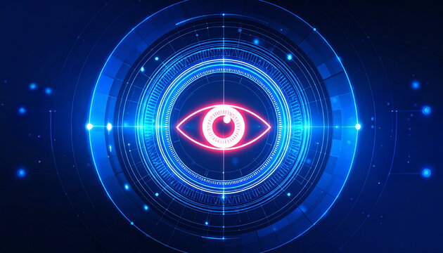 Cyber Eye of Technology: A digital eye symbol in the center, encircled by glowing blue tech rings, conveying themes of futuristic technology and data security