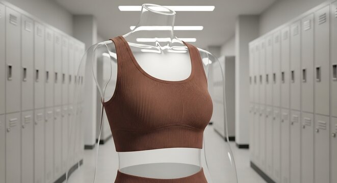 Brown ribbed seamless sports intimate apparel and leggings displayed in a locker room hallway, athletic wear, fitness fashion