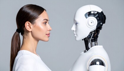 A Woman gazing attentively at the sleek features of an advanced humanoid robot, a visual exploration of human-machine interaction and artificial intelligence