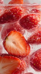 Close up of vibrant red strawberries, both whole and sliced, submerged in clear carbonated water. Numerous small bubbles cling to the fruit, suggesting a cool, sweet, and fizzy drink