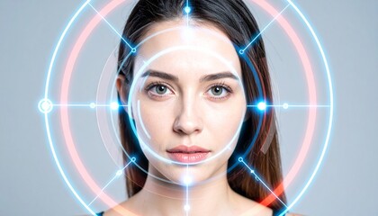 Facial recognition technology analyzes a young woman's face within glowing blue circles. A futuristic concept highlighting data analysis and technological advancement.