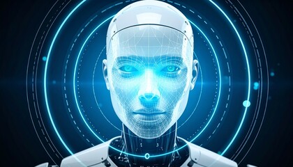 Futuristic robot head with glowing eyes surrounded by blue glowing circles, symbolizing artificial intelligence