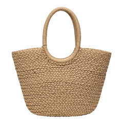A large, handwoven straw tote bag with a sturdy handle, perfect for carrying essentials isolated on transparent background