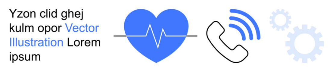 Healthcare services, telecommunication, heart health, medical tech, connection, innovation. A heart with a pulse line, phone symbol and gears in blue tones. Healthcare and telecommunication concept