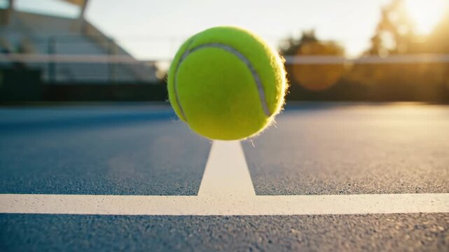 Close-up of a tennis ball bouncing on a court at sunset.