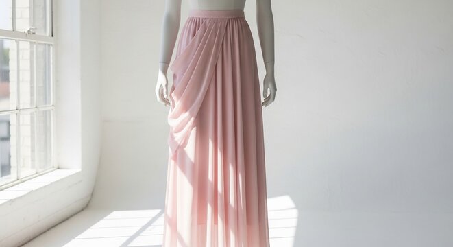 Elegant blush pink chiffon maxi skirt with dd detailing on a mannequin in a bright studio.