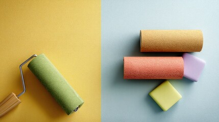 Obraz premium Colorful Paint Rollers and Sponges on a Split Colored Background for DIY and Home Renovation Projects
