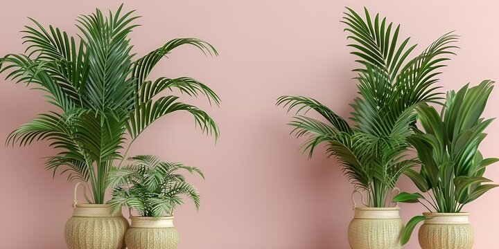 Two Potted Tropical Plants in Wicker Baskets Against Pink Wall